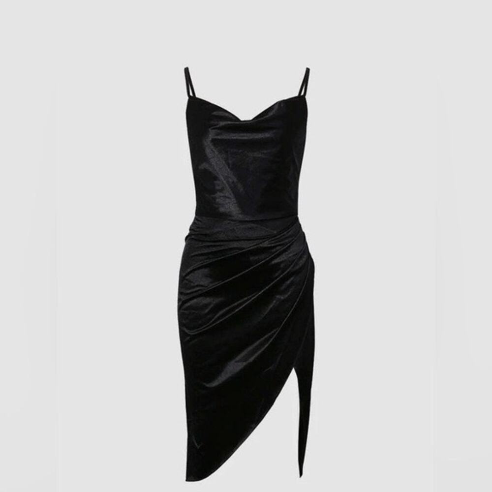 Micas Satin Draped Midi Dress Black Size Small New